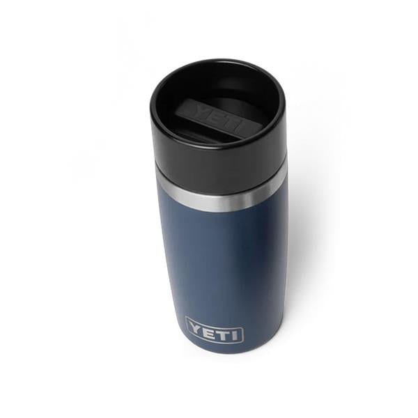 Navy Rambler 12oz travel bottle with black lid and YETI logo on front and lid