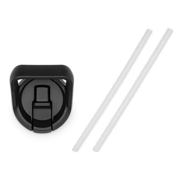 Black Rambler Bottle Straw Cap V3 with two clear reusable straws on a white background