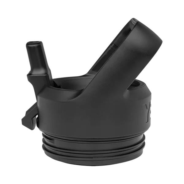 Black Rambler Bottle Straw Cap V3 shown from a side angle with straw and flip-up spout visible.