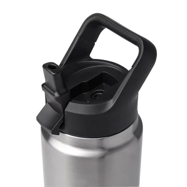 Close-up of Rambler Bottle Straw Cap V3 in black attached to a stainless steel bottle top with handle.