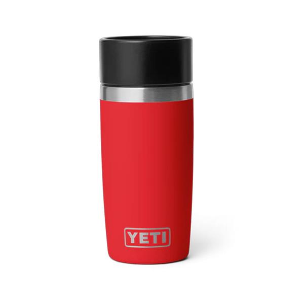 Rambler 12oz travel bottle in Rescue Red with black lid and YETI logo on front