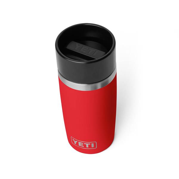 Rambler 12oz Travel Bottle in Rescue Red with black lid and YETI logo on front, angled top view.