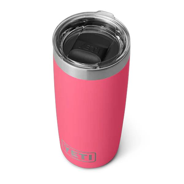 Rambler 10oz Tumbler in tropical pink with clear lid and stainless steel rim, angled top view.
