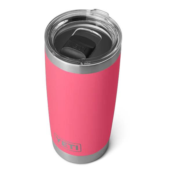 Rambler 20oz Tumbler in tropical pink with clear lid and black sliding closure, angled top view.