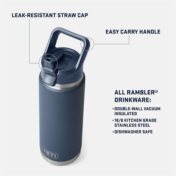 Navy Rambler 26oz bottle with leak-resistant straw cap and easy carry handle, stainless steel base visible.