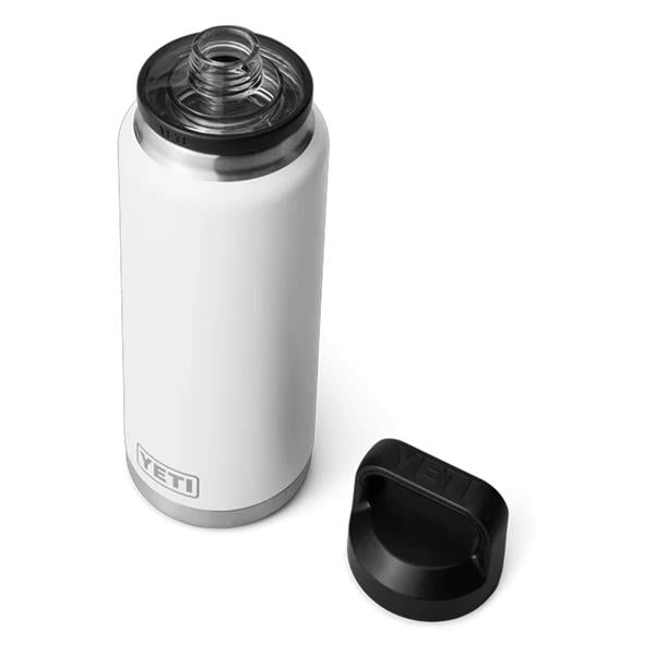 Rambler 36oz white bottle with black lid removed, showing wide mouth opening and YETI logo on base and lid.