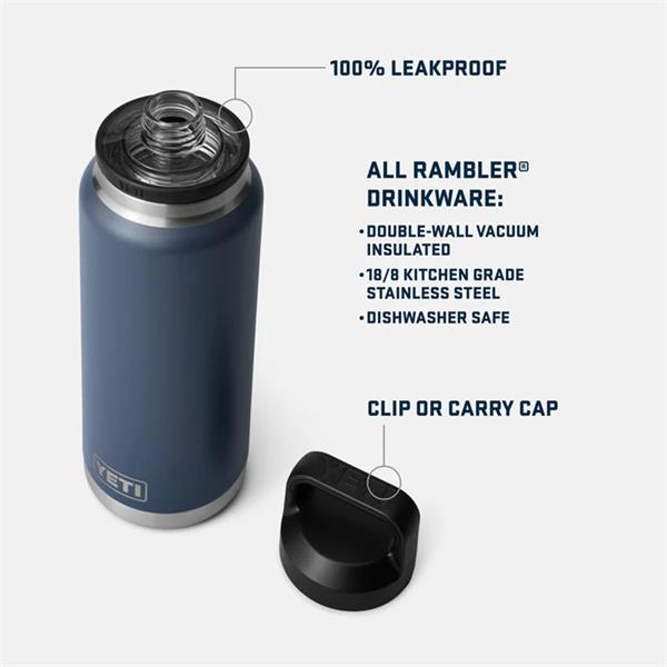 Rambler 36oz white bottle with open top and separate black clip or carry cap on white background