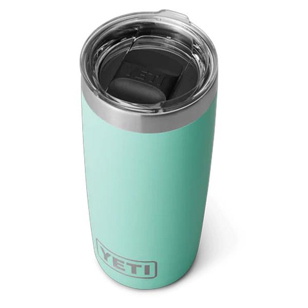 Rambler 10oz tumbler in seafoam with clear lid and black sliding closure, YETI logo visible near base
