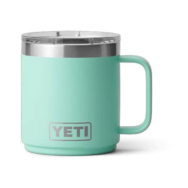 Seafoam green Rambler 10oz mug with handle and clear lid, YETI logo on front
