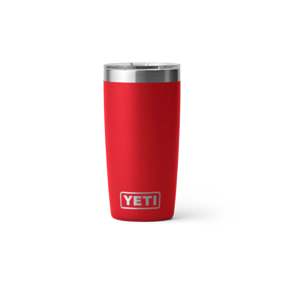 YETI Rambler 10oz Tumbler in Rescue Red with stainless steel rim and clear MagSlider lid, front view.