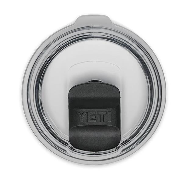 Clear round lid with black YETI branded slider for Rambler 10oz Mug Seafoam shown from above