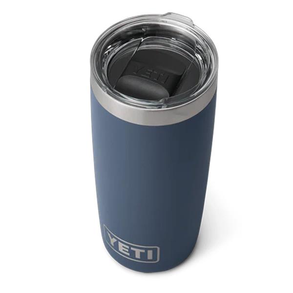 Navy Rambler 10oz tumbler with clear lid and YETI logo on front, shown at slight angle