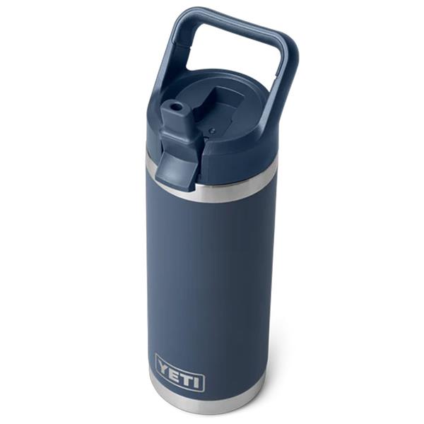 Navy Rambler 18oz bottle with built-in straw, handle lid, and YETI logo on the base.