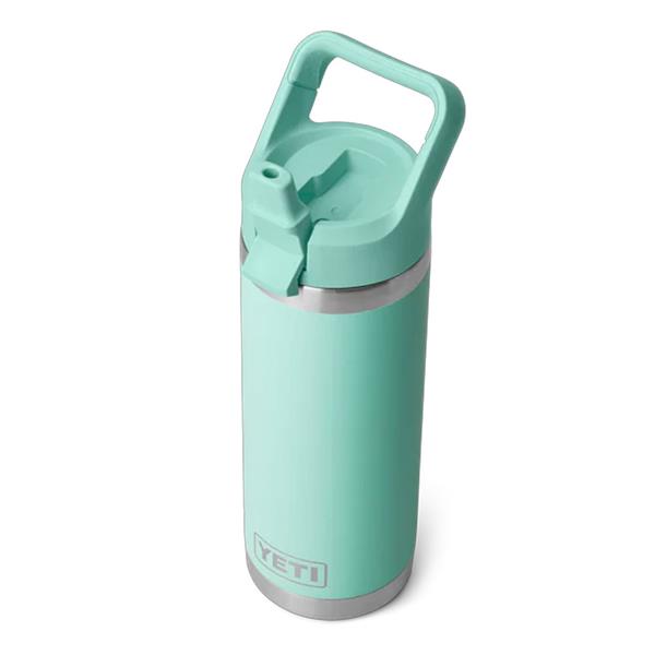 Rambler 18oz seafoam bottle with built-in straw and carry handle, stainless steel base visible