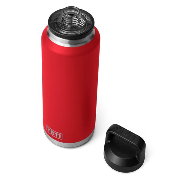Rambler 46oz Rescue Red bottle with black wide-mouth cap removed, showing open top and YETI logo.
