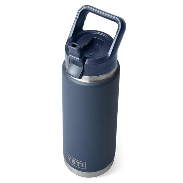 Navy Rambler 26oz bottle with flip-up straw lid and carry handle, stainless steel base visible