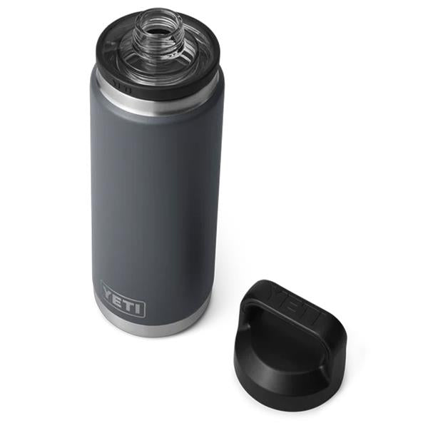 Charcoal Rambler 26oz bottle with open wide mouth and black screw-on lid beside it.