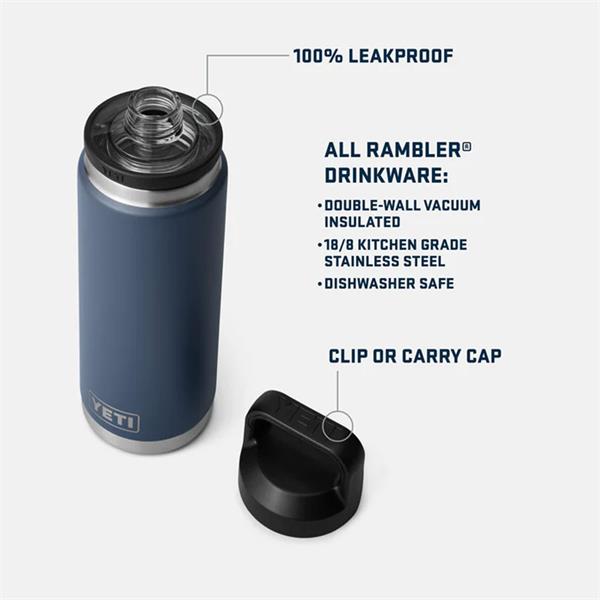Rambler 12oz travel bottle in blue with open leakproof lid and separate black clip or carry cap