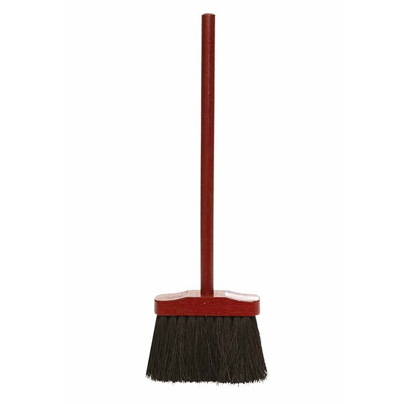 Long-handled hearth brush with dark bristles and a reddish wooden handle and head.