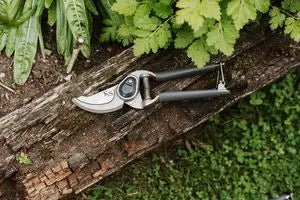 Kent & Stowe Traditional Secateurs twin pack with black handles resting on a mossy log outdoors.