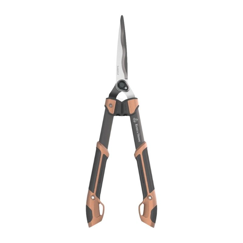 Kent & Stowe SureCut Hedge Shears with wavy SK5 carbon steel blades and ergonomic black and copper handles.