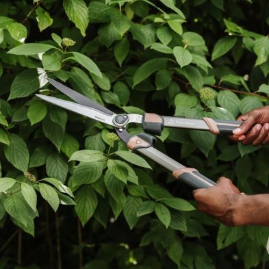 Kent & Stowe SureCut Hedge Shears trimming green leafy hedge, held by two hands.
