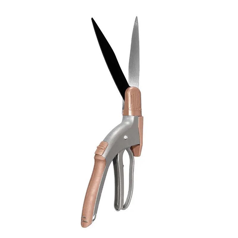 Kent & Stowe SureCut single-handed grass shears with silver blades and beige rubber grip handle on white background.