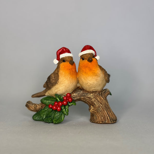Two Christmas Robins on Branch with Holly –  10 cm