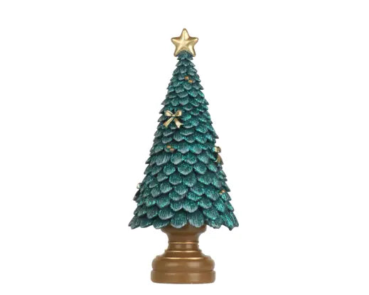 A decorative miniature Christmas tree with a textured teal-green scalloped body, a gold star topper, small gold bow ornaments, and a round gold base, shown on a plain white background.
