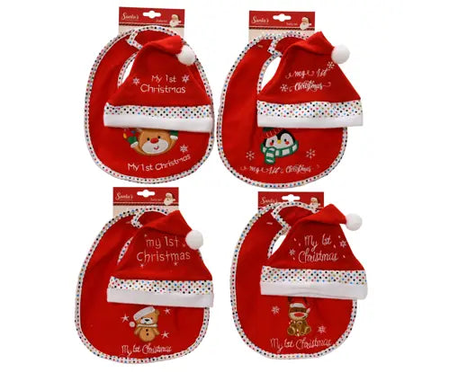 Baby’s First Christmas Bib and Hat Set – Assorted Design H.24cm - Image 1