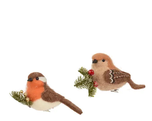 Wool Bird Clip Decoration 8cm – Assorted Brown