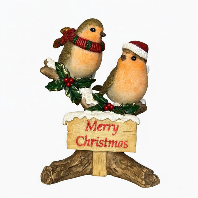 Two Robins on Merry Christmas sign 9x8.5x12cm - Image 1