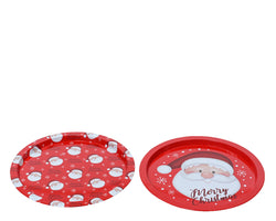 Red tin plate/tray, 32cm diameter, 1.5cm height, assorted designs, sold singly - Keans Claremorris