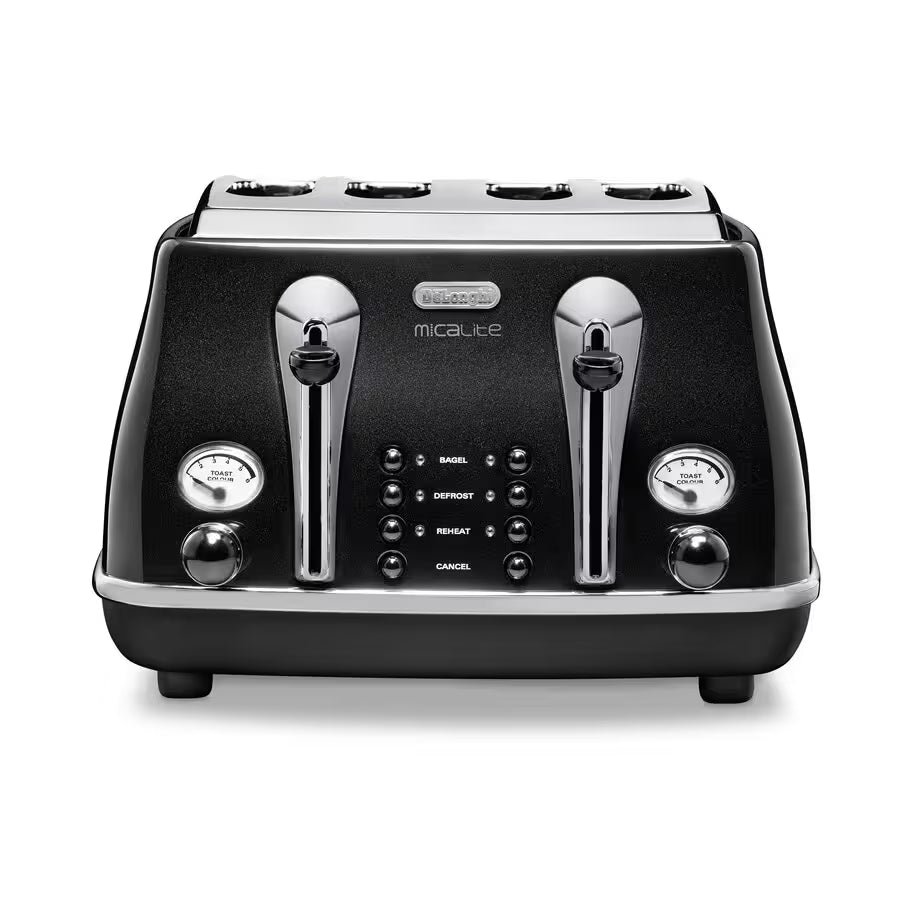 Delonghi Icona black 4-slice toaster with chrome levers, toast color dials, and function buttons on front panel.