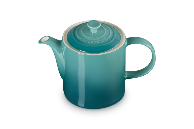 Le Creuset 1.3L Grand Teapot in Blue Riviera with lid, shown from a front angle on a white background.