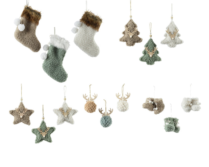 Assorted polyester pompom Christmas decor figures (stocking, tree, star, antlers, boot) 4x14x18.5cm, sold individually -