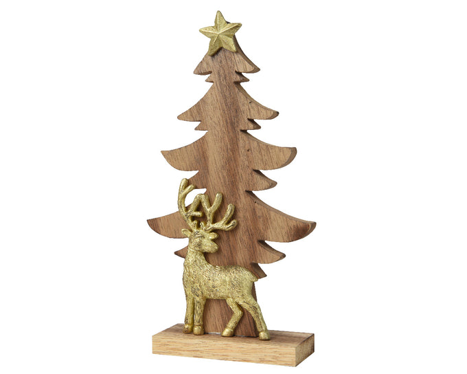 Wooden natural poplar tree with poly deer, FSC 100%, 28cm tall decorative piece - Keans Claremorris