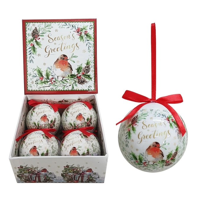 Set of 4 × 75 mm Baubles with Christmas Robin Scene – in Square Gift Box - Image 1