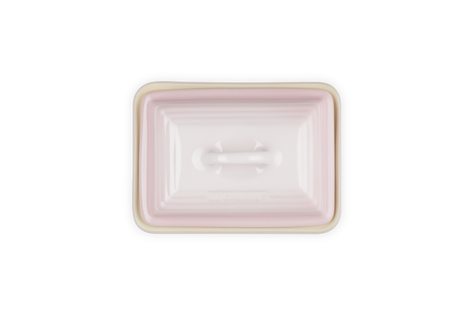 Le Creuset Butter Dish in Shell Pink, durable stoneware, stylish kitchen accessory - available at Keans Claremorris