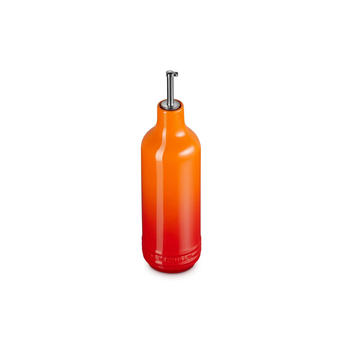 Le Creuset Oil Cruet in volcanic gradient orange-red with stainless steel pour spout, front view.