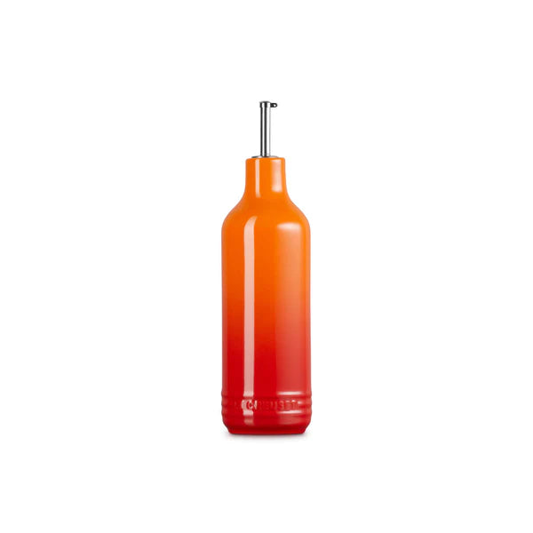 Le Creuset Oil Cruet in volcanic gradient orange-red stoneware with stainless steel pourer, 600ml.