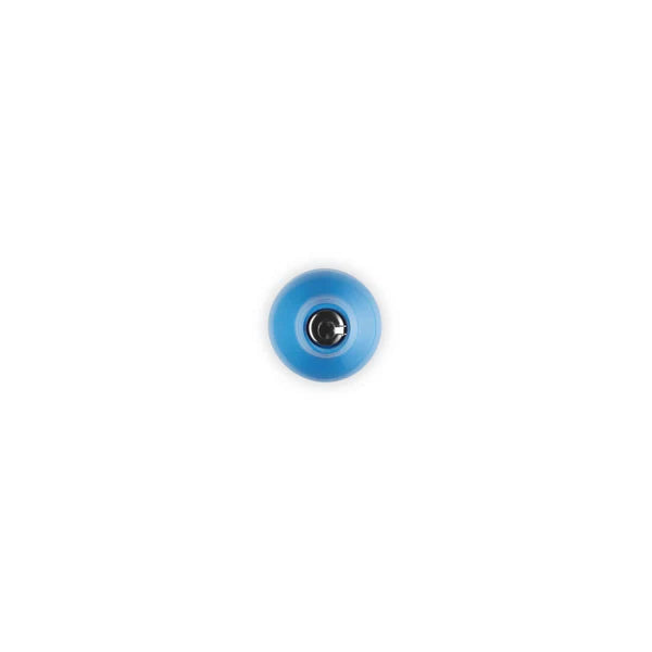 Top view of Le Creuset Oil Creut Azure 600ml showing blue lid and stainless steel pour spout.