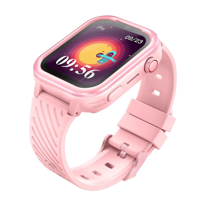 Pink Garett Kids Essa 4G smartwatch with a colorful animated watch face and textured silicone strap