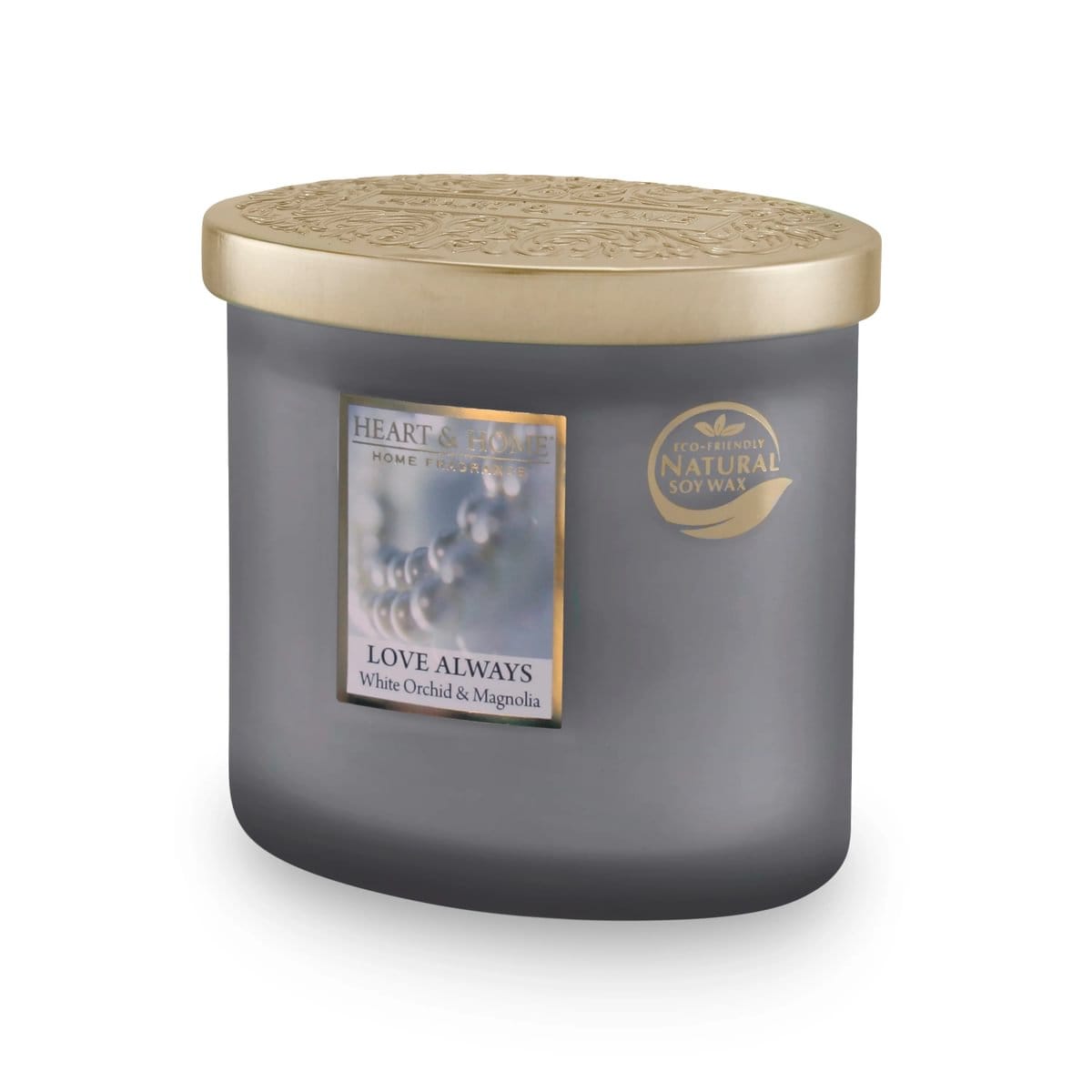Heart & Home Love Always candle in frosted grey glass with gold embossed lid and label.