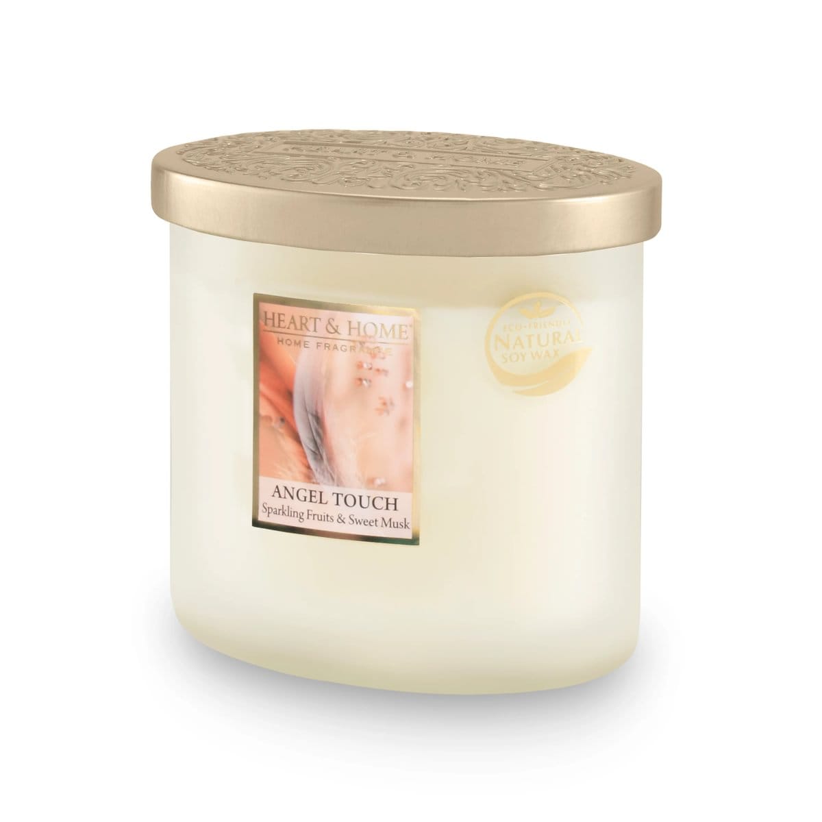 Heart & Home Angel Touch twin wick candle in frosted glass with embossed gold lid and label showing feather design