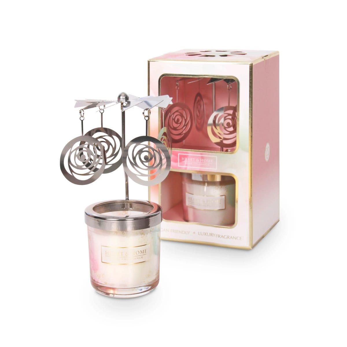 Fragrance mini candle with silver rose carousel and pink-gold gift box packaging.