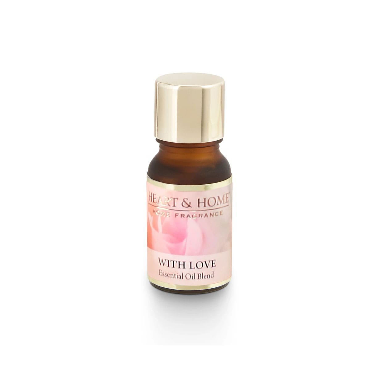 10ml amber glass bottle of Heart & Home With Love essential oil blend with gold cap and pink floral label