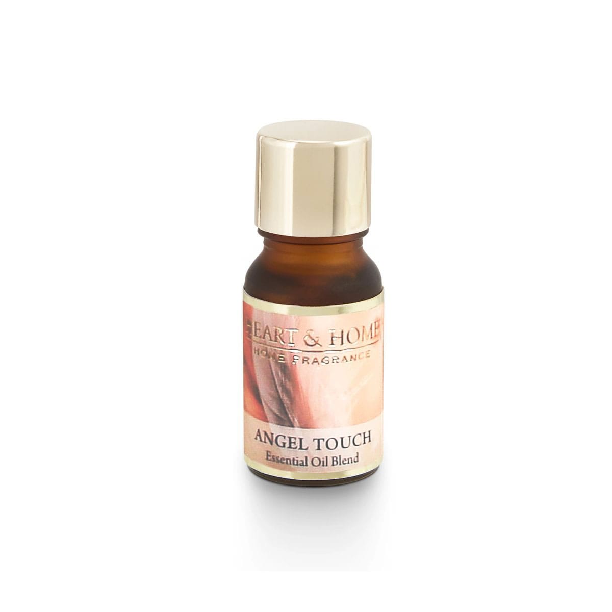 Small amber glass bottle of Angel Touch essential oil blend with gold cap and pink label