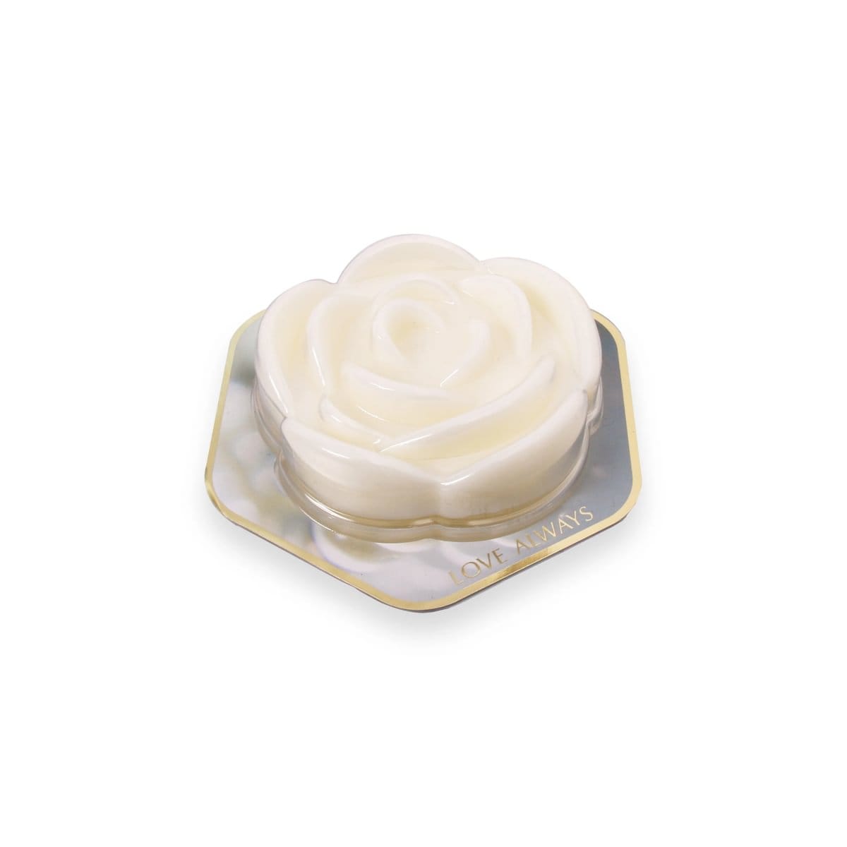 White rose-shaped fragrance wax melt on a reflective hexagonal base labeled "Love Always