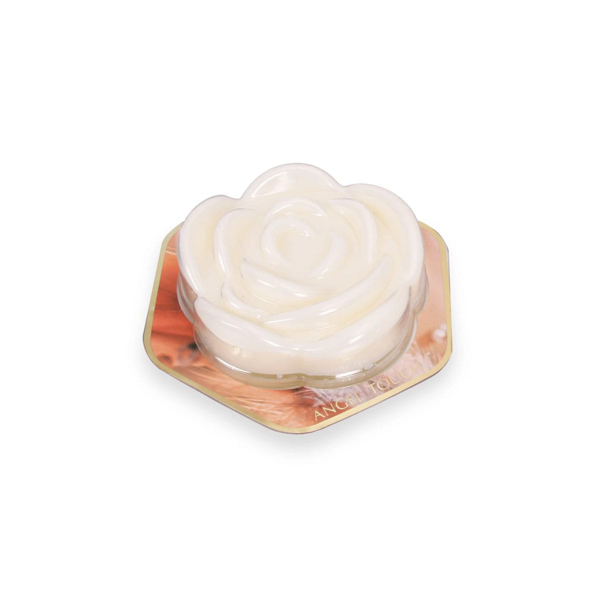 White rose-shaped fragrance wax melt on hexagonal backing card with partial text visible